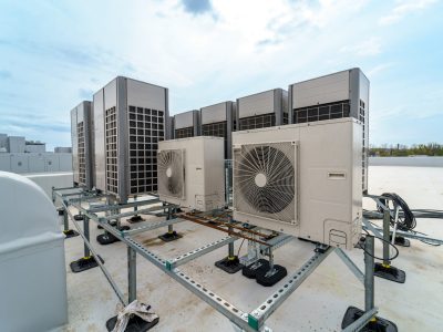 Multizone air conditioning and ventilation system. Outdoor units on the roof of a large industrial building.